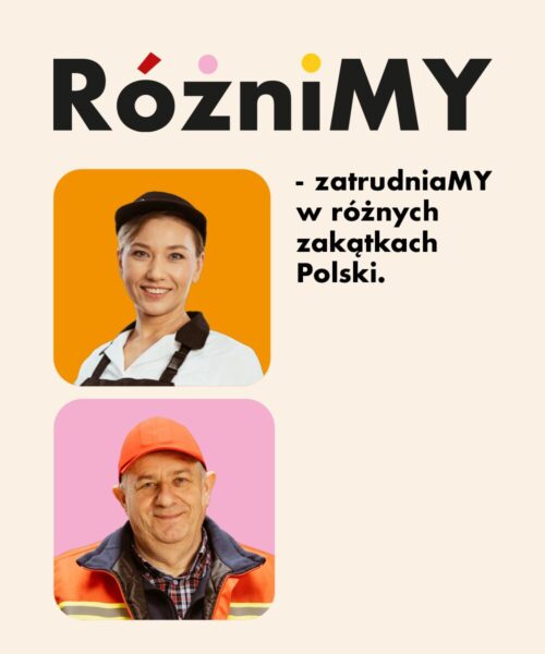 Kampania różnimy - zatrudniamy w różnych zakątkach Polski. Grafika z 2 pracownikami Biedronki na kolorowym tle.