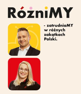 Campaign We are different - we employ in different parts of Poland. Graphic with 2 Biedronka employees on a colored background.