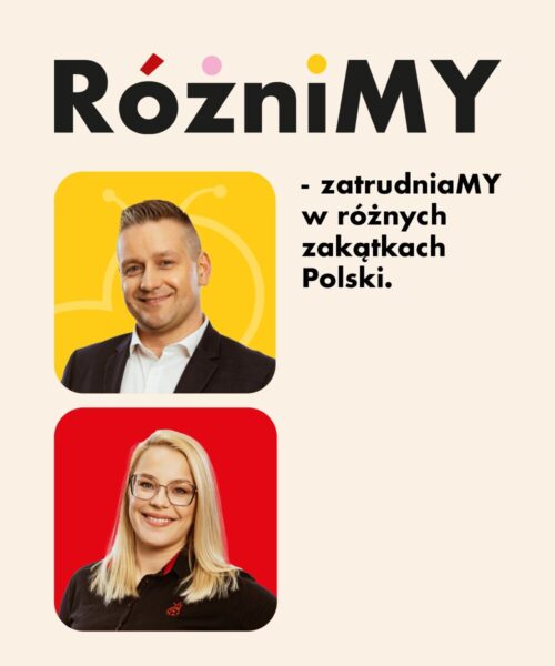 Campaign We are different - we employ in different parts of Poland. Graphic with 2 Biedronka employees on a colored background.
