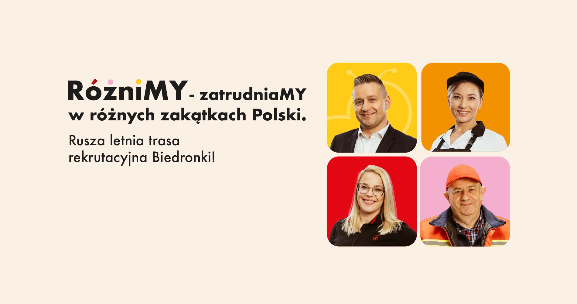Letnia trasa rekrutacyjna Biedronki pod hasłem różnimy - 4 osoby z Biedronki na tle kolorowych kwadratów