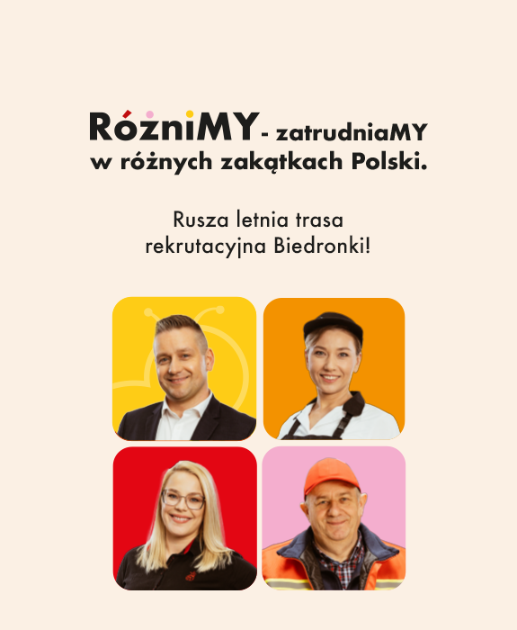 Letnia trasa rekrutacyjna Biedronki pod hasłem różnimy - 4 osoby z Biedronki na tle kolorowych kwadratów