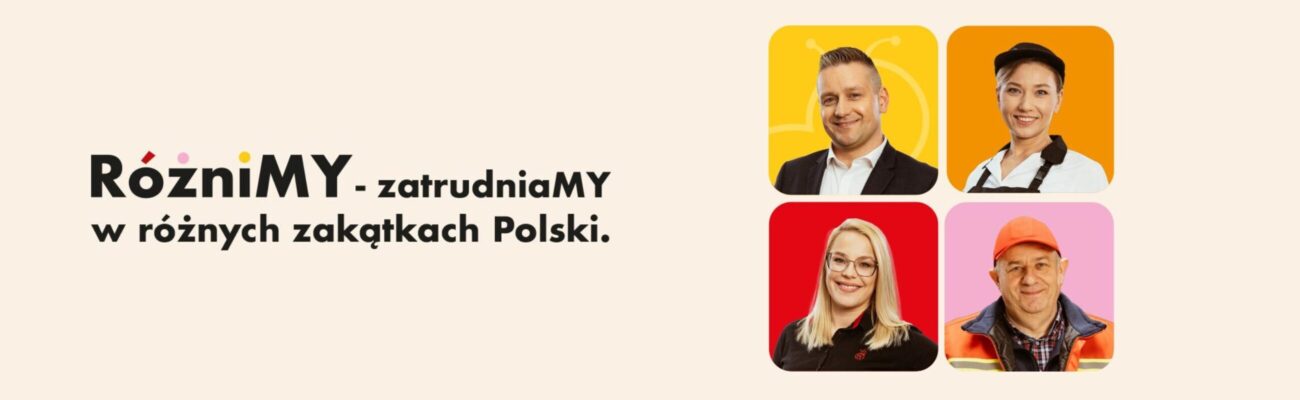 Graphics promoting the recruitment route with the Inaczej logo and photos of Biedronka employees