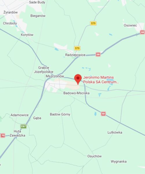 Widok mapy z zaznaczeniem centrum dystrybucyjnego Biedronki w Mszczonowie.