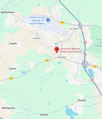 Widok mapy z zaznaczeniem centrum dystrybucyjnego Biedronki w Gdańsku.