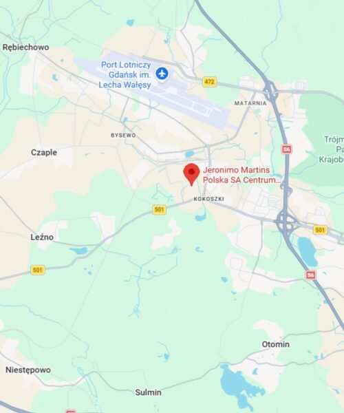 Widok mapy z zaznaczeniem centrum dystrybucyjnego Biedronki w Gdańsku.