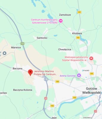 Widok mapy z zaznaczeniem centrum dystrybucyjnego Biedronki w Gorzowie Wielkopolskim.