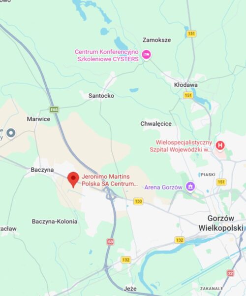 Widok mapy z zaznaczeniem centrum dystrybucyjnego Biedronki w Gorzowie Wielkopolskim.