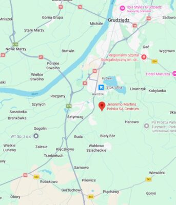 Widok mapy z zaznaczeniem centrum dystrybucyjnego Biedronki w Grudziądzu.