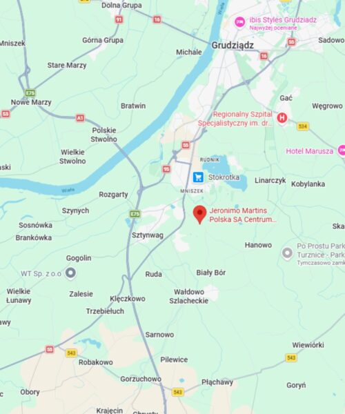 Widok mapy z zaznaczeniem centrum dystrybucyjnego Biedronki w Grudziądzu.