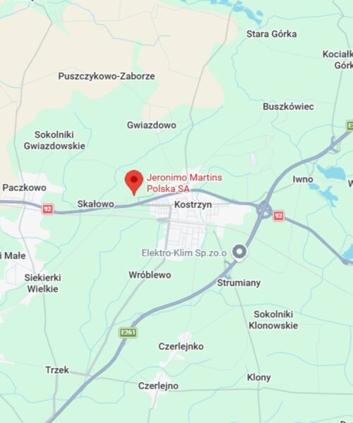 Widok mapy z zaznaczeniem centrum dystrybucyjnego Biedronki w Kostrzynie.