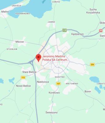 Widok mapy z zaznaczeniem centrum dystrybucyjnego Biedronki w Koszalinie.