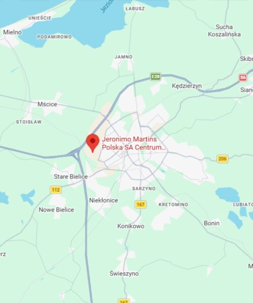 Widok mapy z zaznaczeniem centrum dystrybucyjnego Biedronki w Koszalinie.