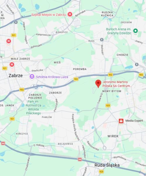 Widok mapy z zaznaczeniem centrum dystrybucyjnego Biedronki w Rudzie Śląskiej.