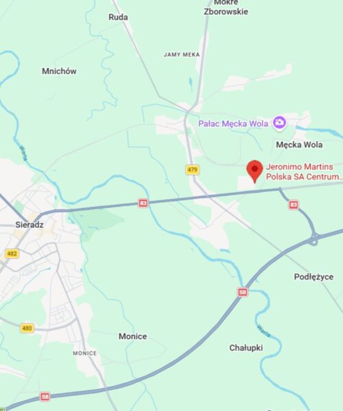 Widok mapy z zaznaczeniem centrum dystrybucyjnego Biedronki w Sieradzu.