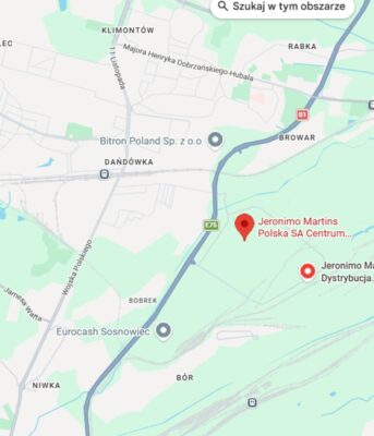 Widok mapy z zaznaczeniem centrum dystrybucyjnego Biedronki w Sosnowcu.