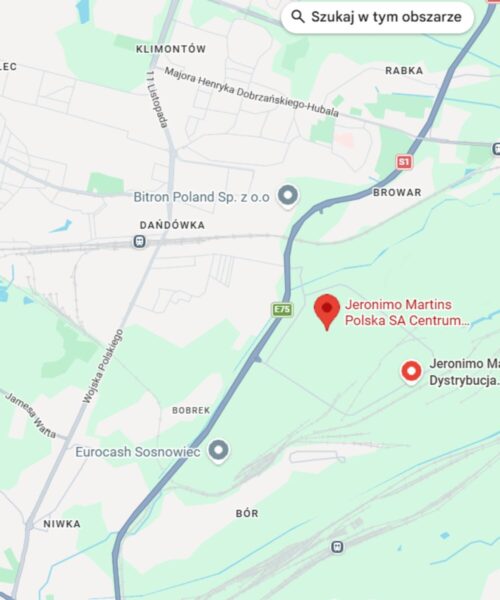 Widok mapy z zaznaczeniem centrum dystrybucyjnego Biedronki w Sosnowcu.