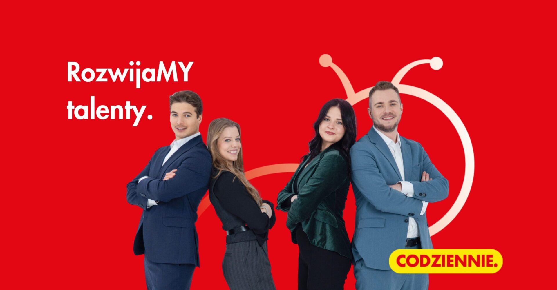 Dwóch mężczyzn i dwie kobiety ubrani w biznesowe stroje. Napis: Rozwijamy talenty.